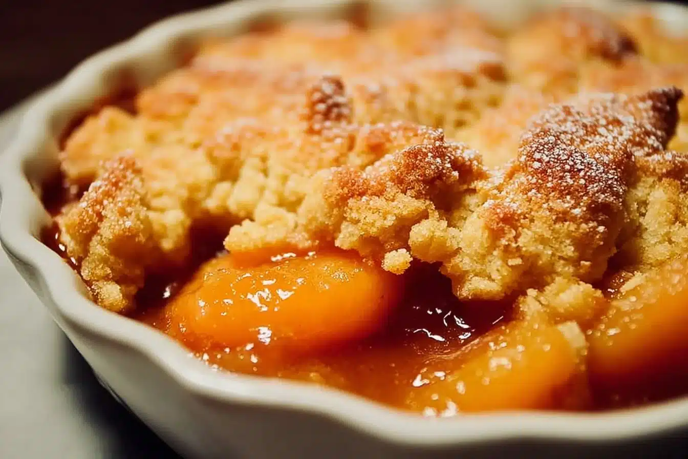 Homemade apricot cobbler served in a rustic dish with fresh apricots.