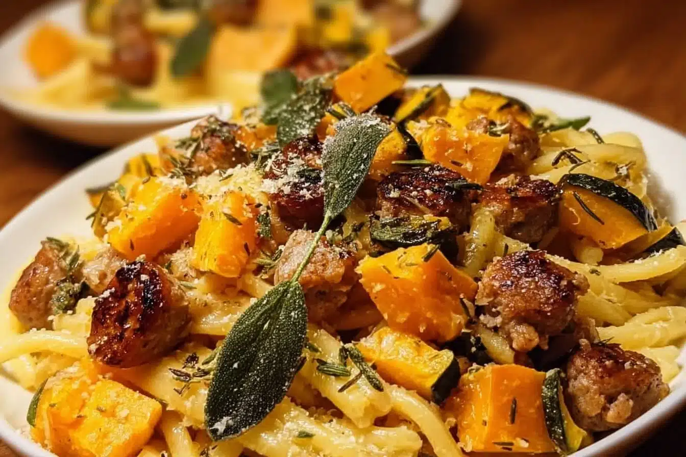 Autumn beef sausage pasta with roasted squash served in a bowl.