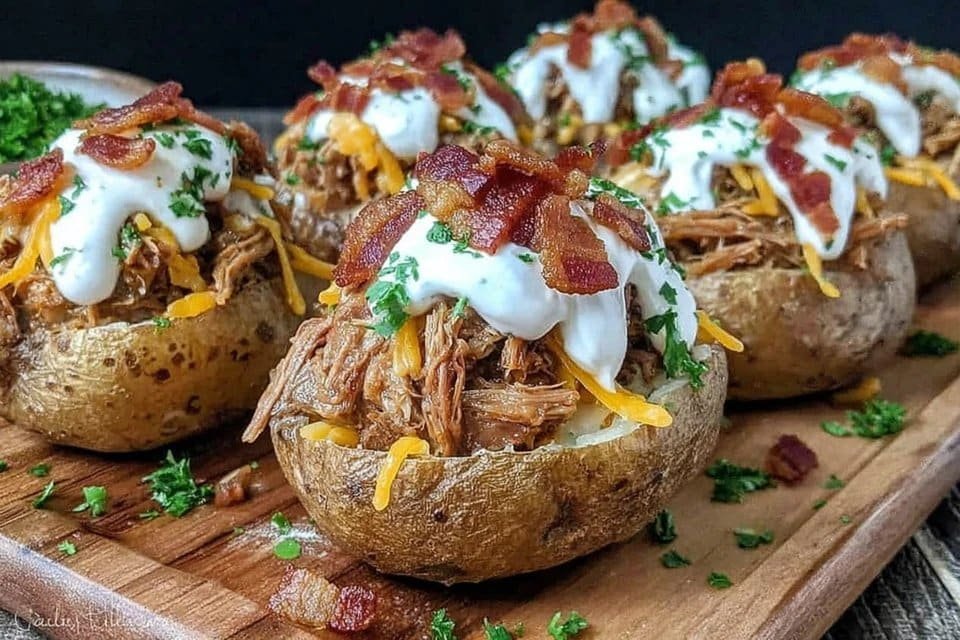 Easy Beef Bacon Ranch Pulled Beef Stuffed Potatoes