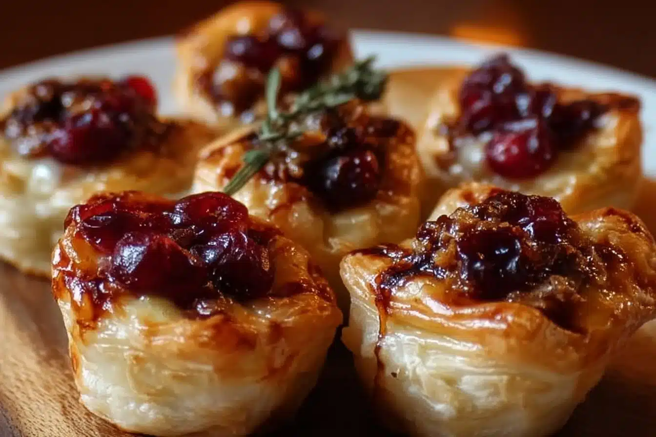Baked cranberry brie bites on a serving platter, perfect party appetizer.