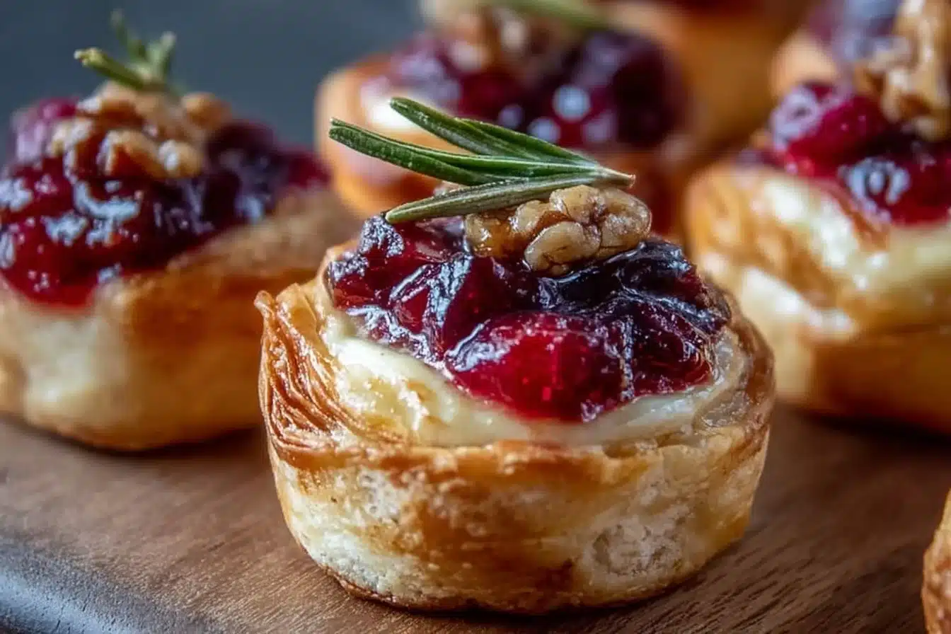 Baked cranberry brie bites on a serving platter with fresh herbs.