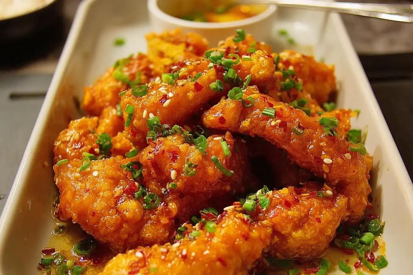 Plate of Bang Bang Chicken garnished with green onions and sesame seeds