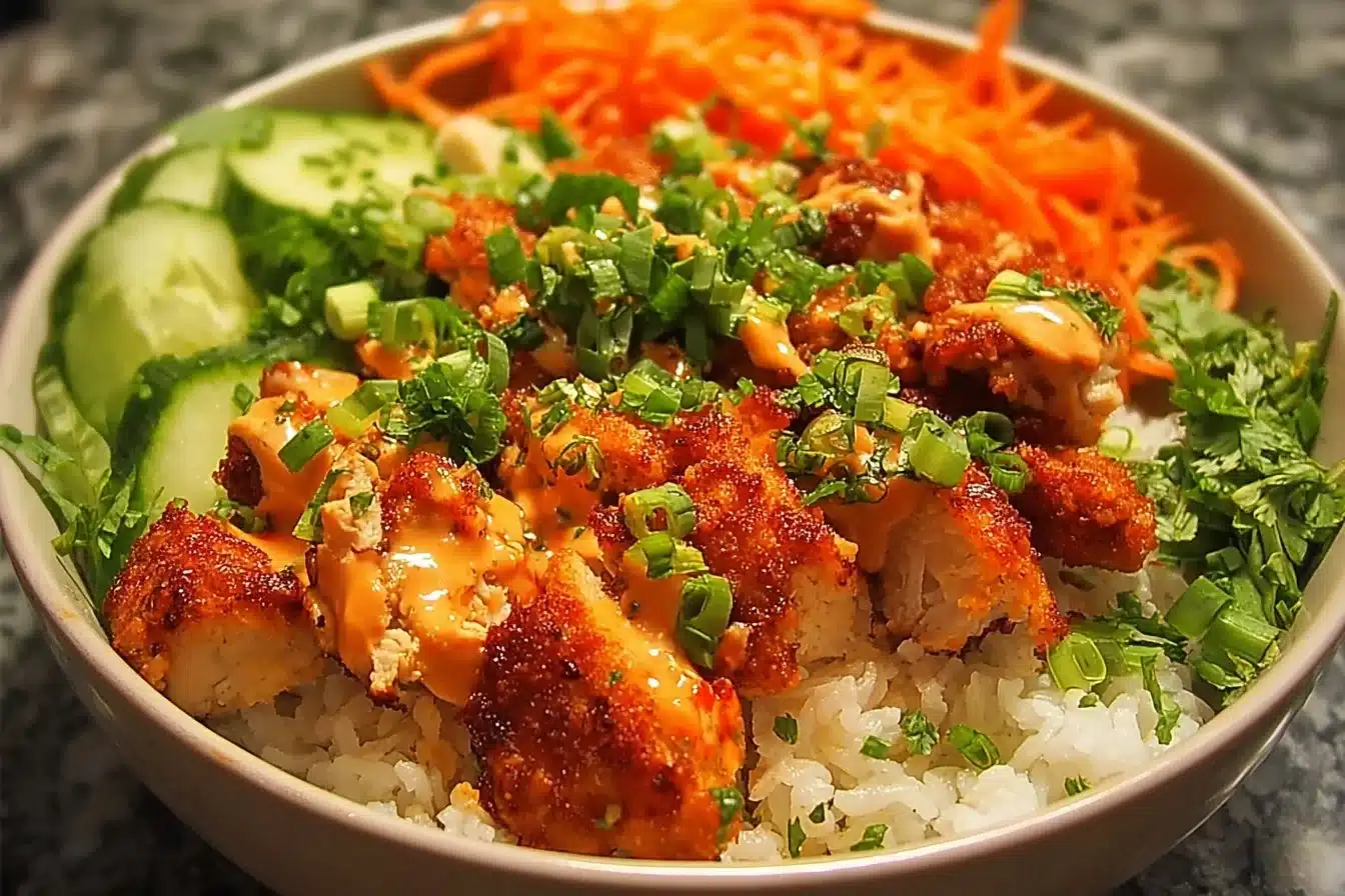 Delicious Bang Bang Chicken Bowl with vibrant vegetables and spicy sauce.
