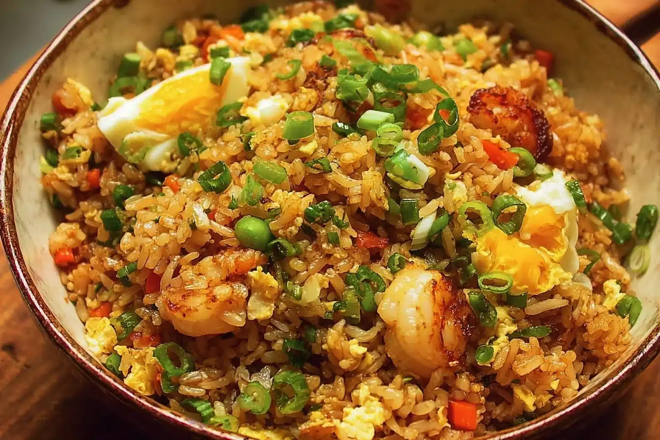 Plate of Bang Bang Fried Rice garnished with vegetables and sauce