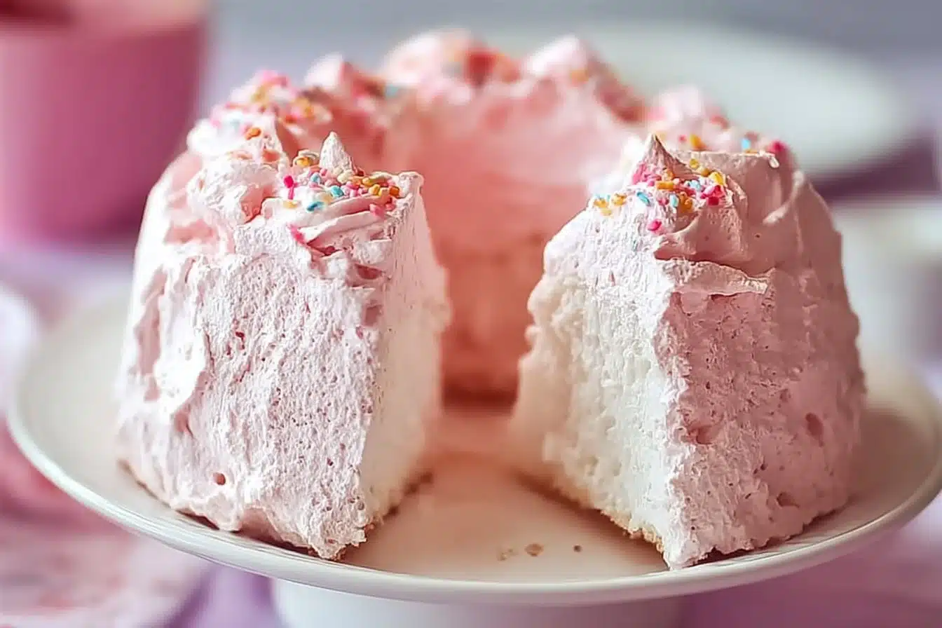 Beautiful Pink Angel Food Cake decorated with pink frosting and fresh berries