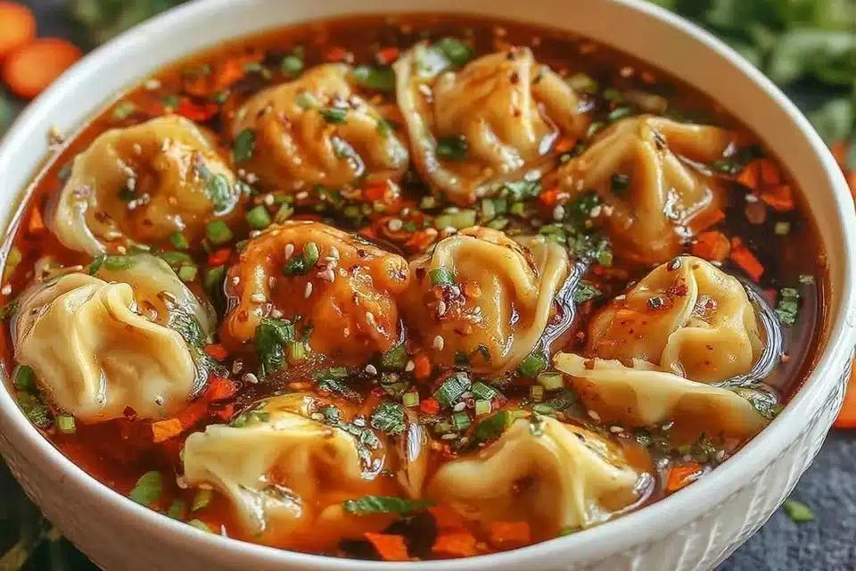 Bowl of flavorful Beef Potsticker Soup with green onions and dumplings