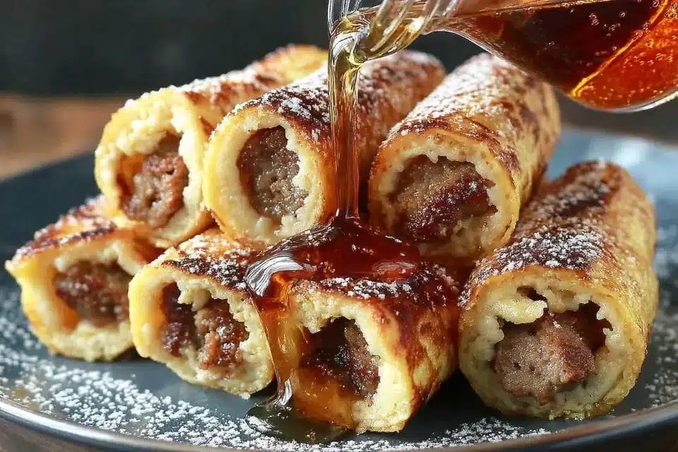Beef sausage French toast roll-ups on a plate, drizzled with syrup.