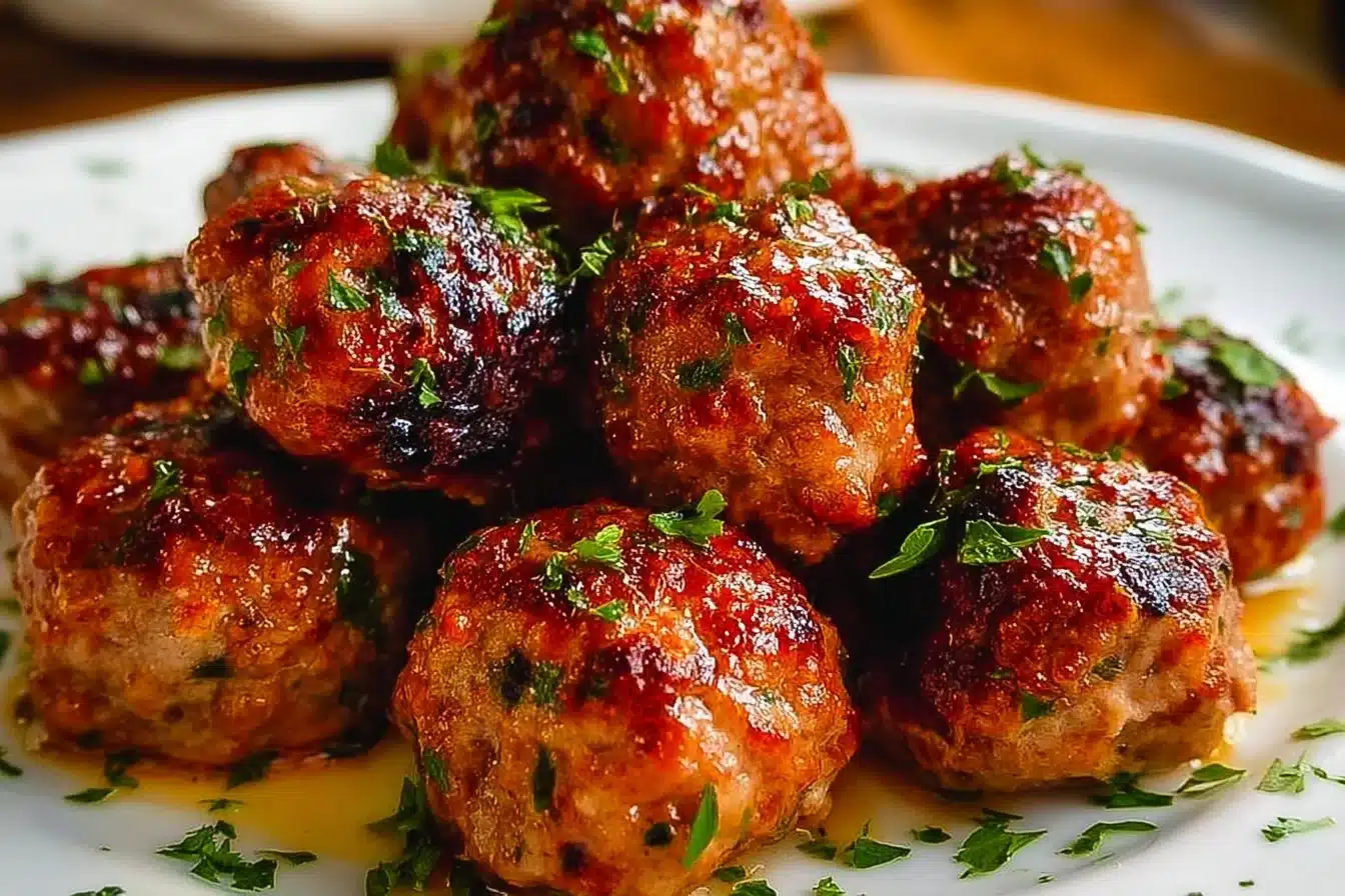 Delicious homemade Italian meatballs served with marinara sauce and spaghetti.