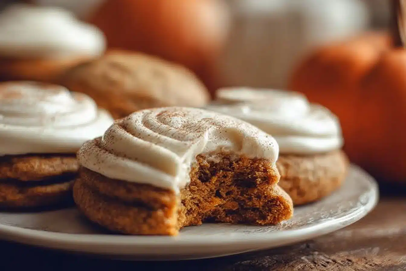 Delicious soft pumpkin cookies with creamy cream cheese frosting on top.