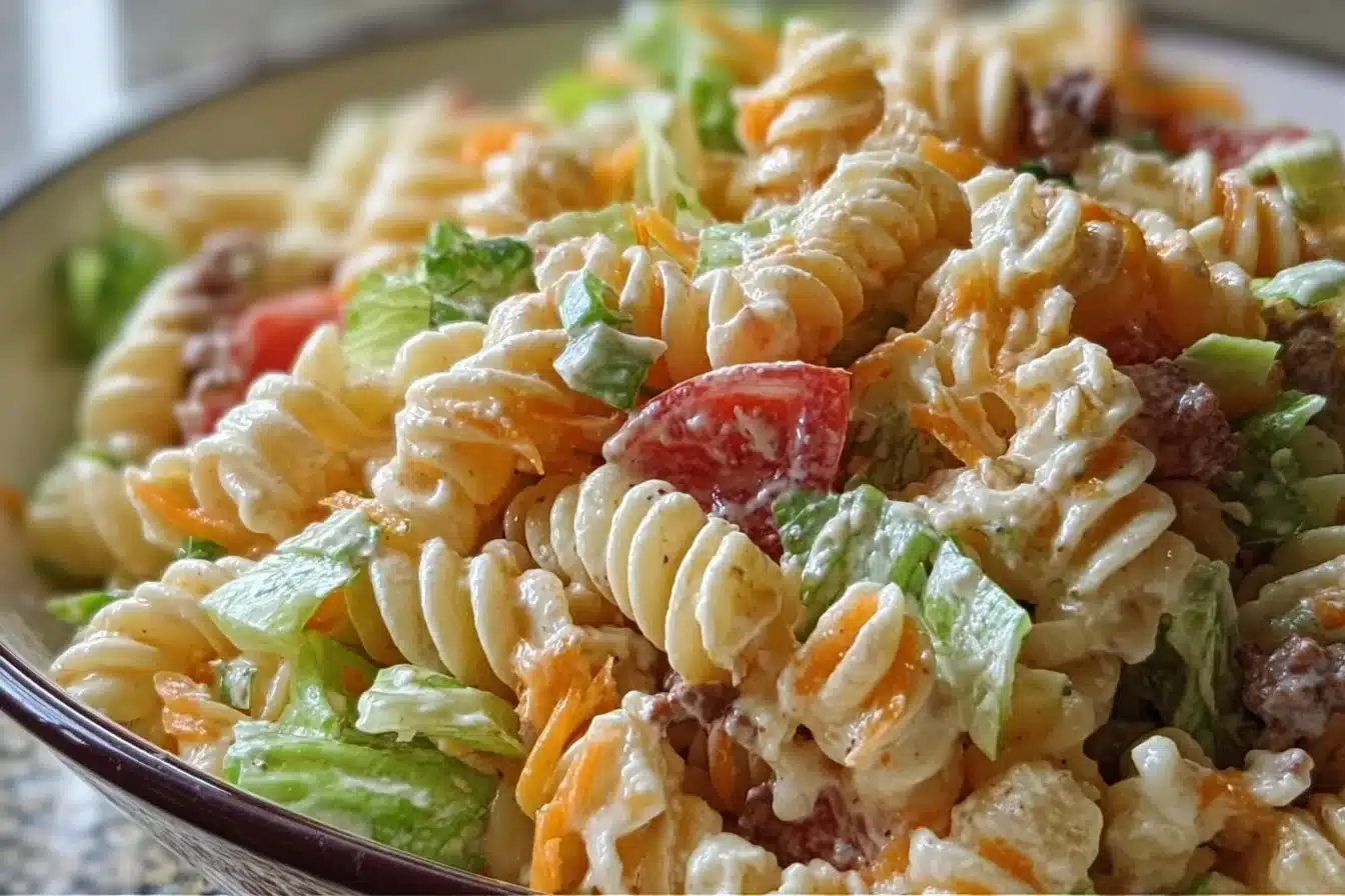 Delicious Big Mac Pasta Salad with toppings inspired by the classic Big Mac burger.