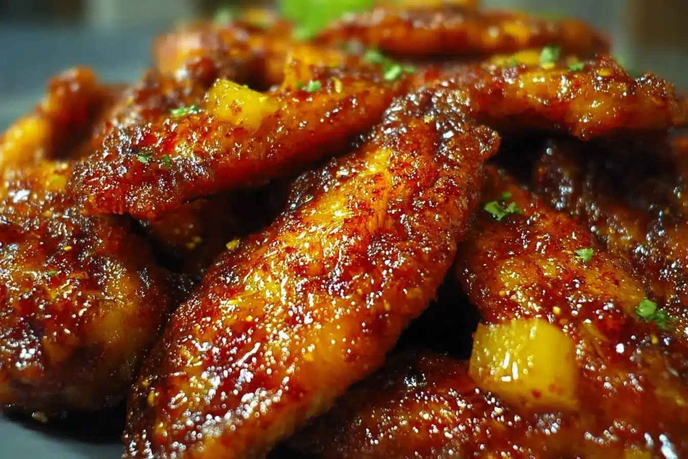 Delicious Brown Sugar Pineapple Wings glazed with sweet sauce