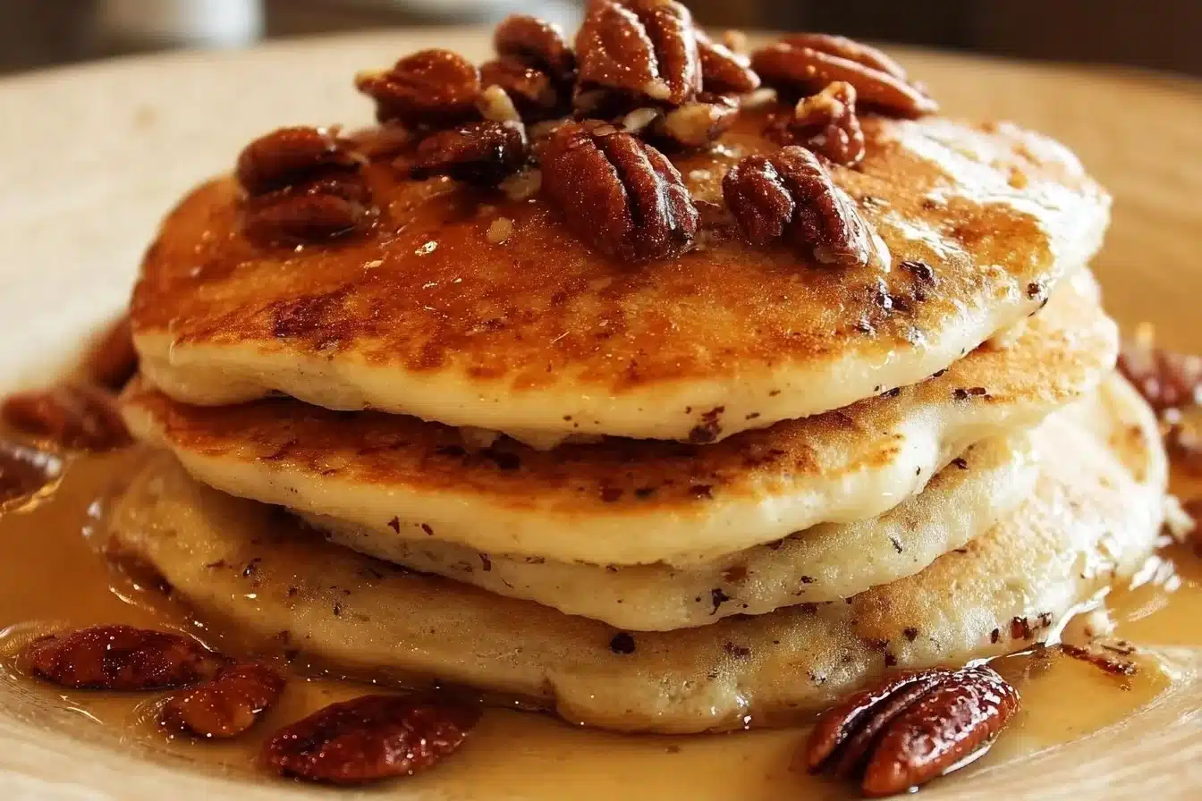 Fluffy Butter Pecan Pancakes topped with pecans and syrup on a plate