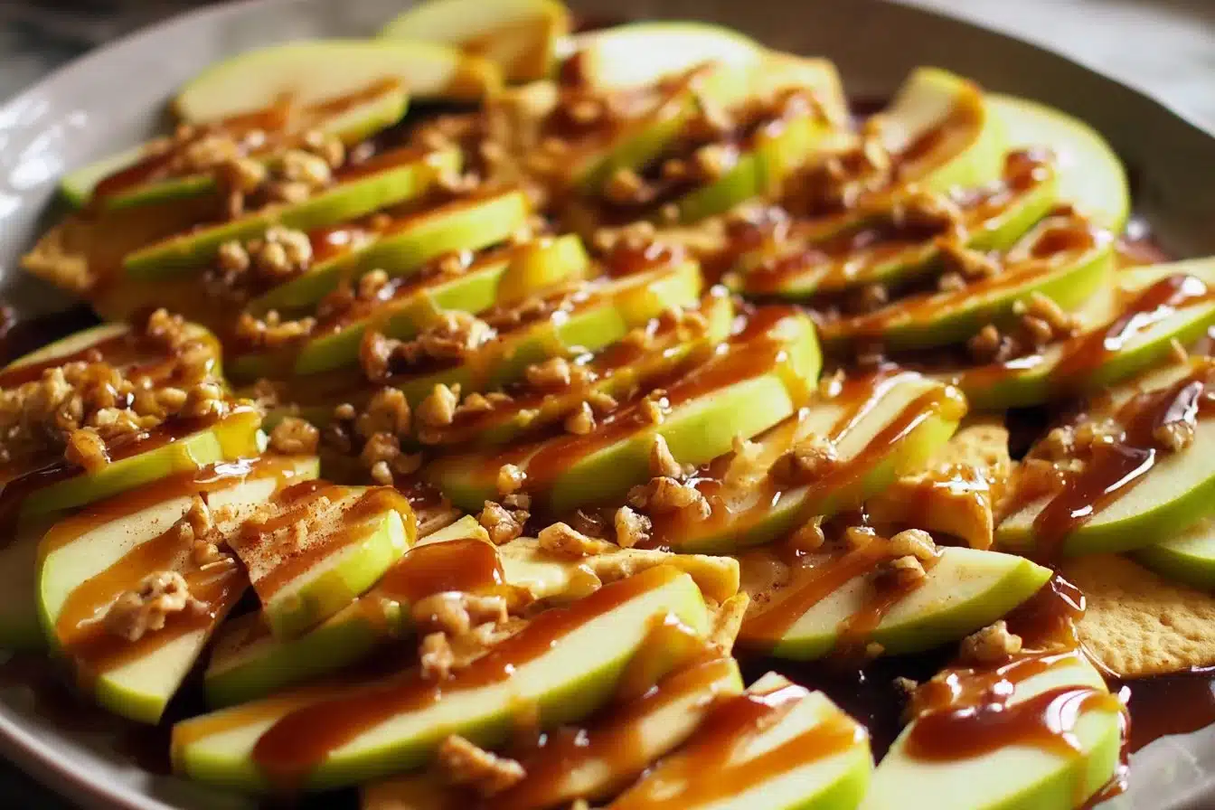 Delicious Caramel Apple Nachos with sliced apples, caramel, and toppings.