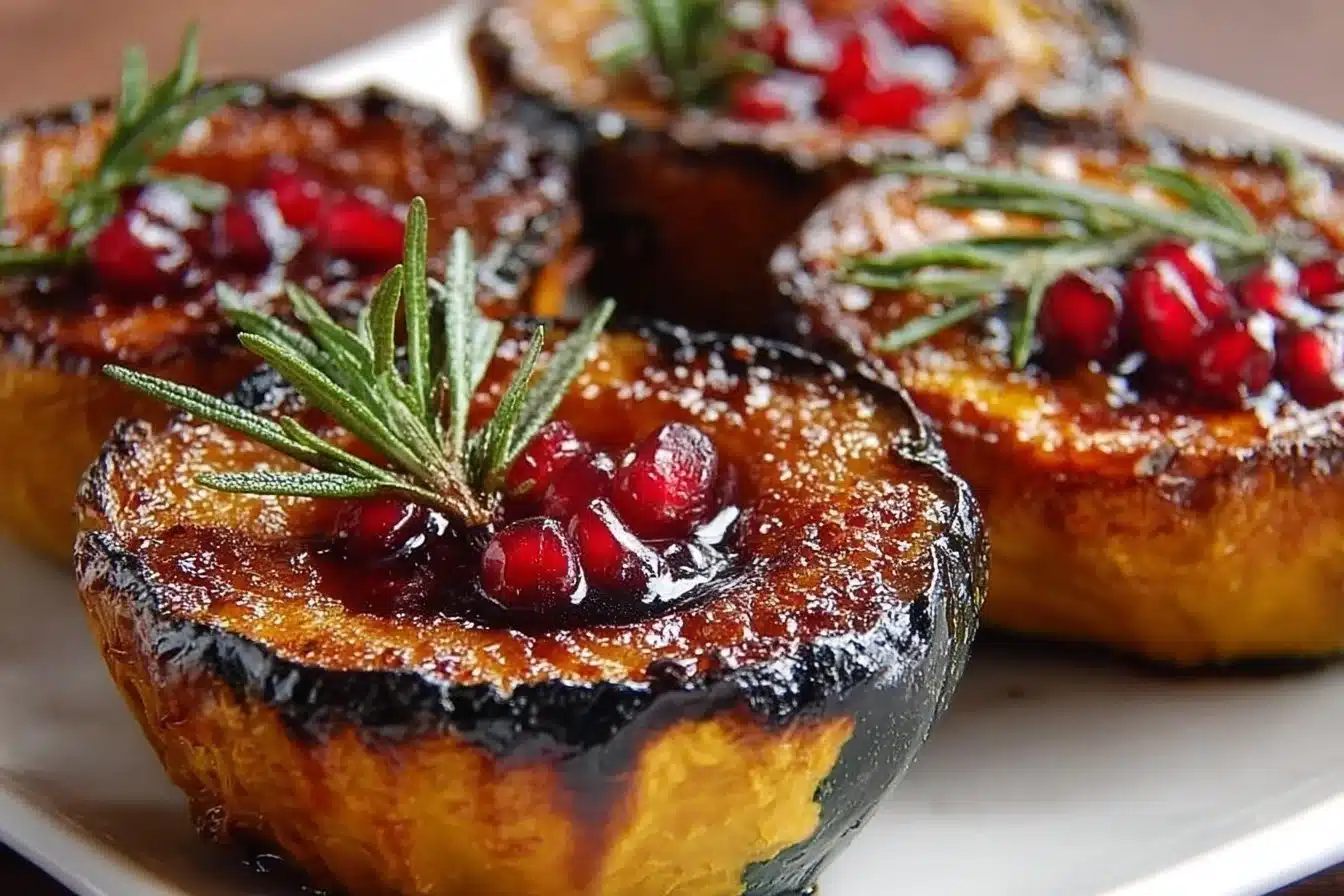 Caramelized acorn squash cups garnished with herbs on a white plate