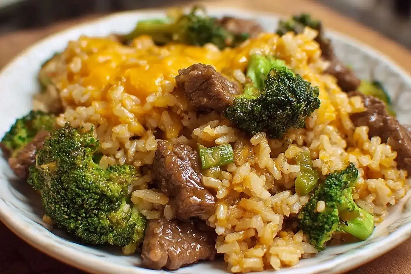 Cheesy beef broccoli and rice dinner served in a bowl