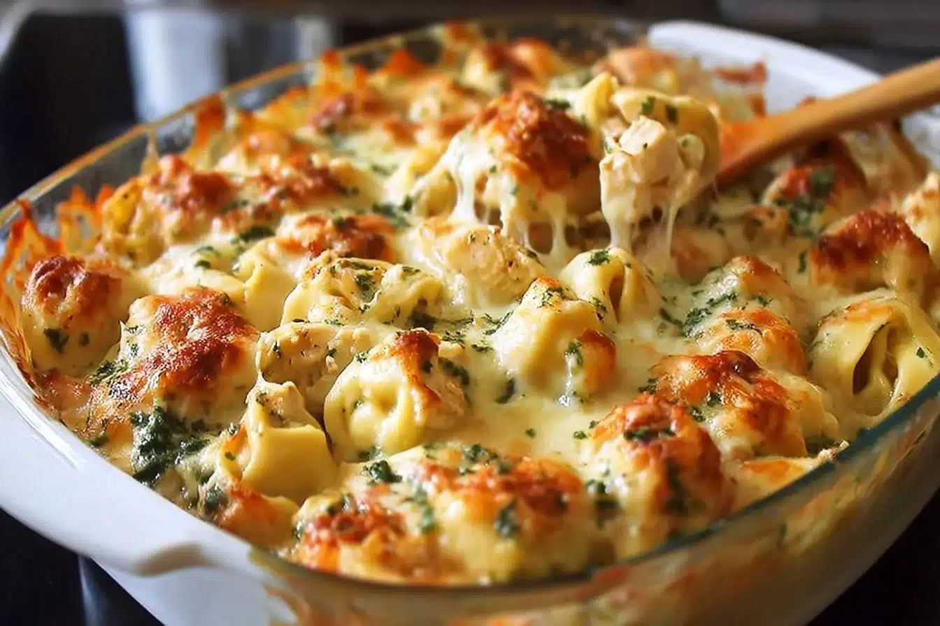 Cheesy Chicken Tortellini Bake served in a bowl for two