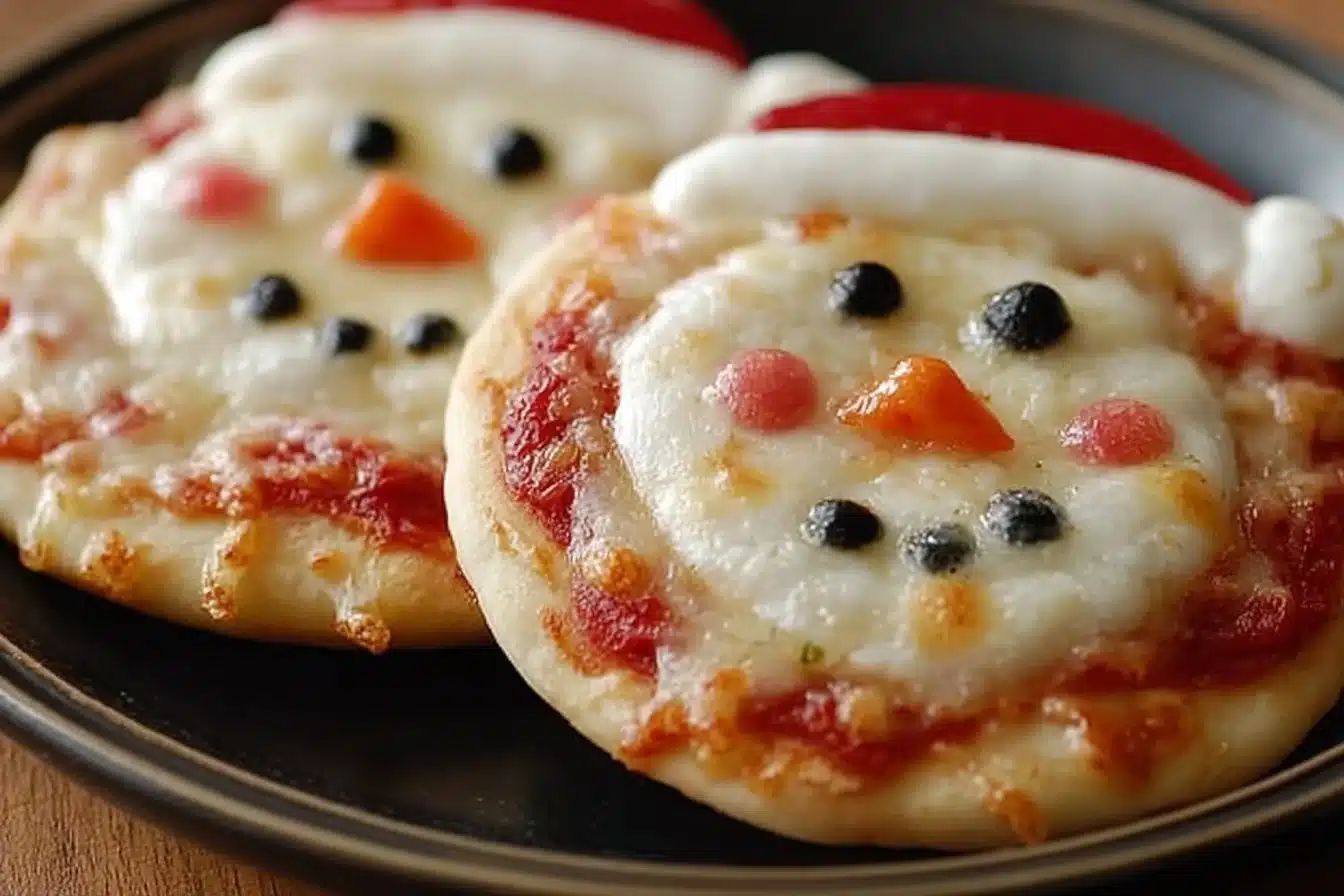 Cheesy Santa and Snowman pizzas decorated for the festive season