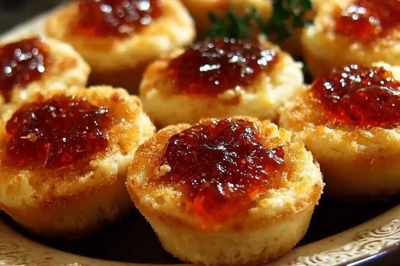 Cheesy thumbprint appetizers topped with hot pepper jelly on a serving platter
