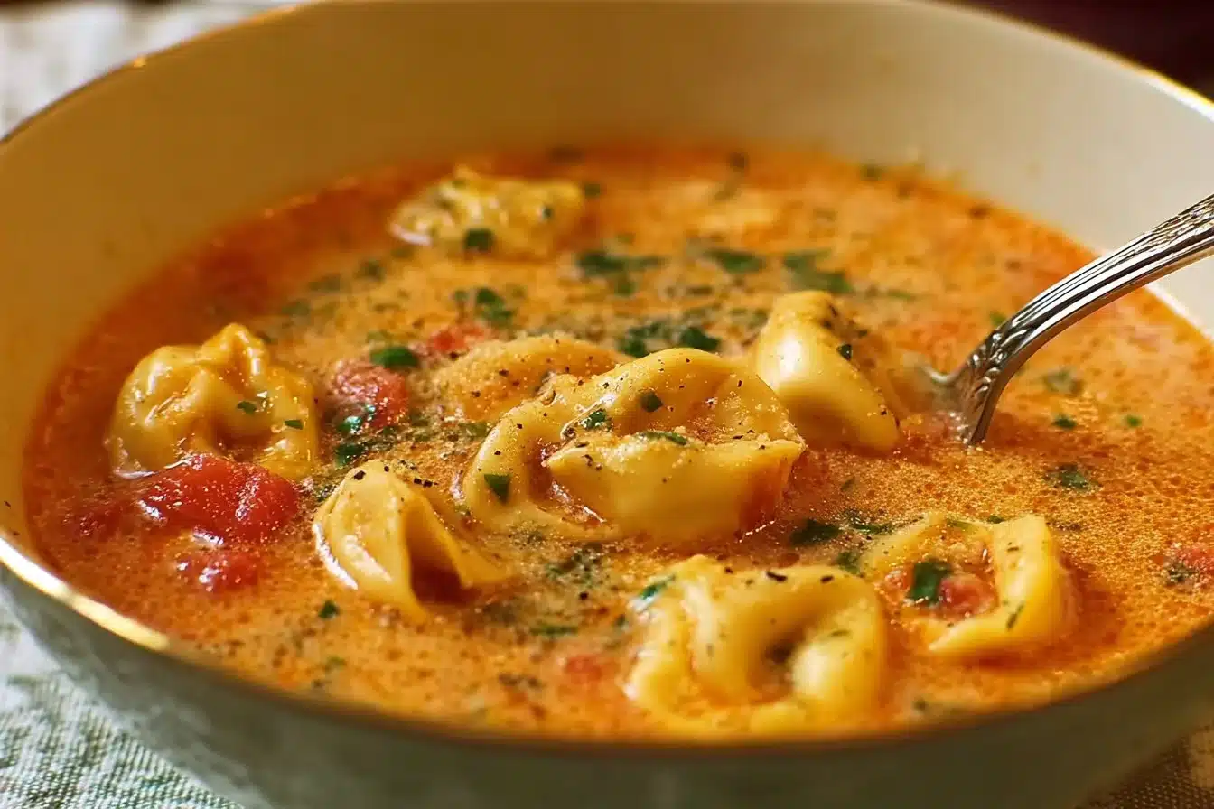 Bowl of cheesy tomato tortellini soup topped with herbs and cheese