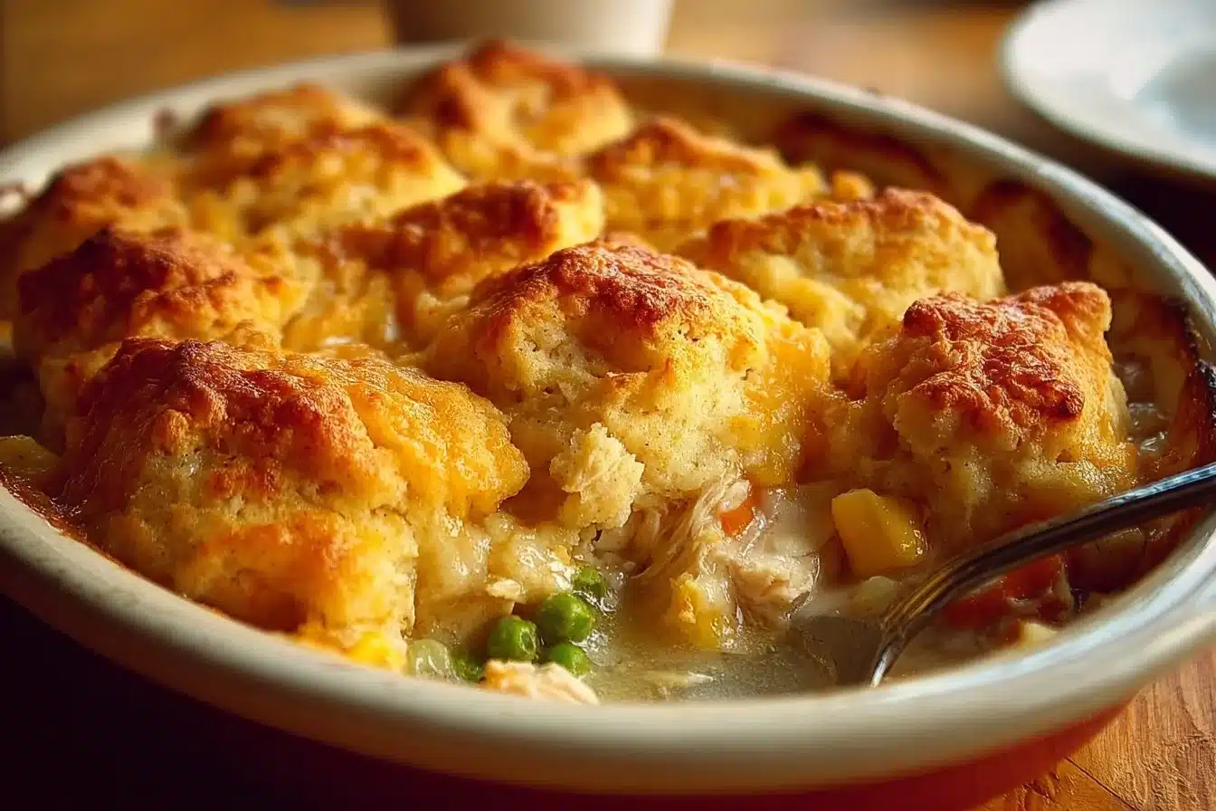 Delicious Chicken Cobbler Dinner Casserole served in a baking dish