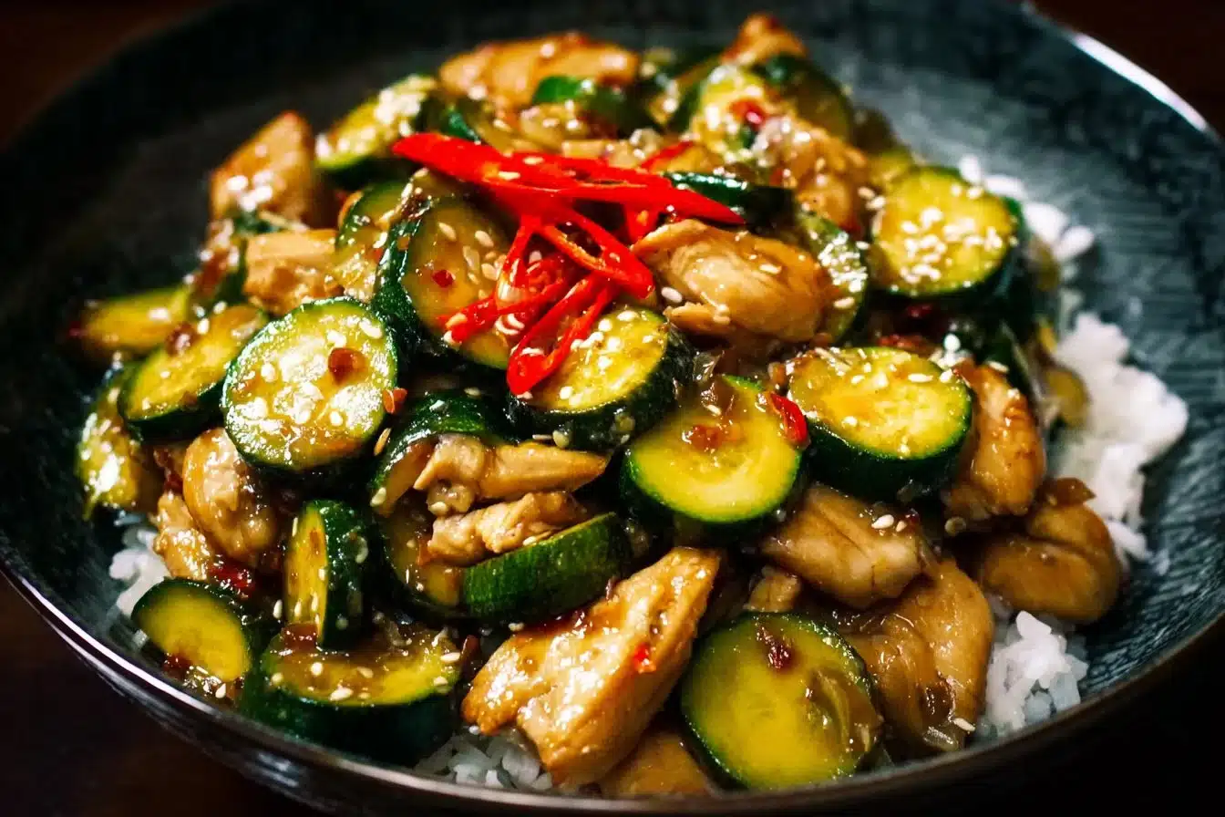 Delicious Chicken Zucchini Stir Fry served in a bowl with vibrant vegetables.