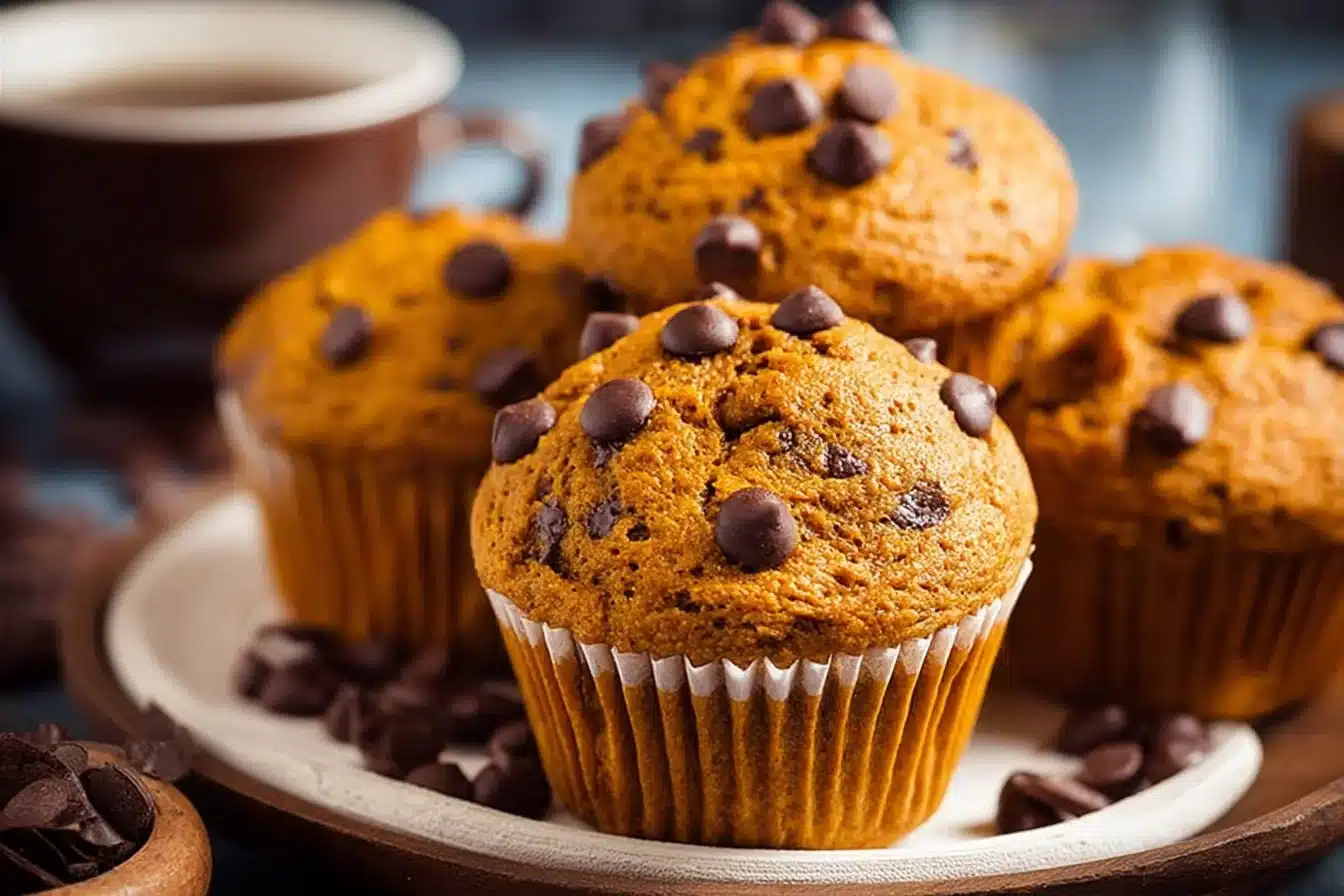 Chocolate chip coffee muffins on a plate