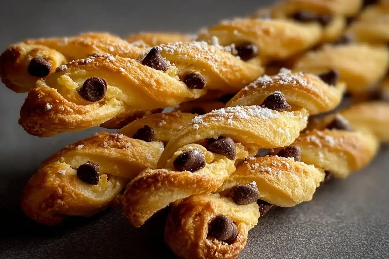 Chocolate chip cookie dough twists freshly baked and served on a plate.