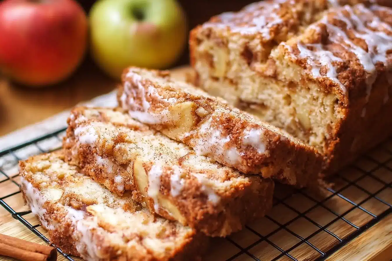 Freshly baked cinnamon apple bread loaf with slices on a wooden table