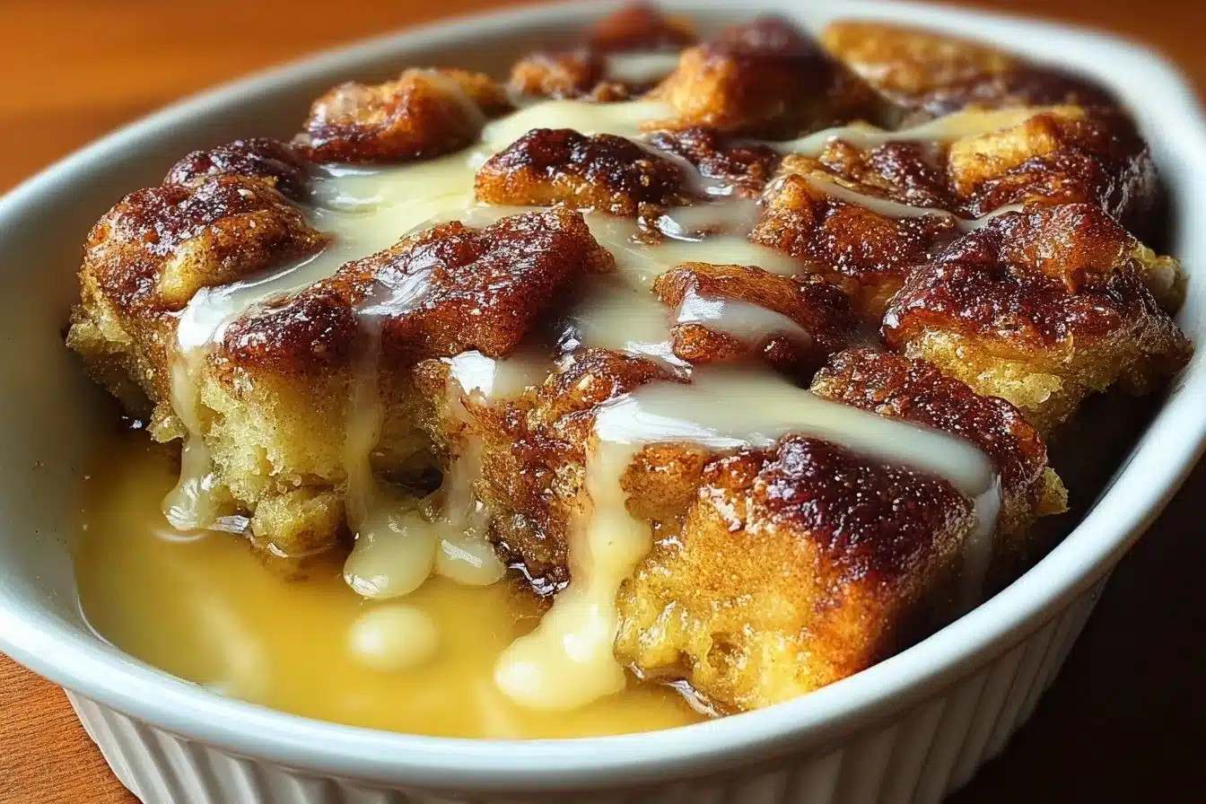 Delicious cinnamon roll bread pudding topped with icing on a plate.
