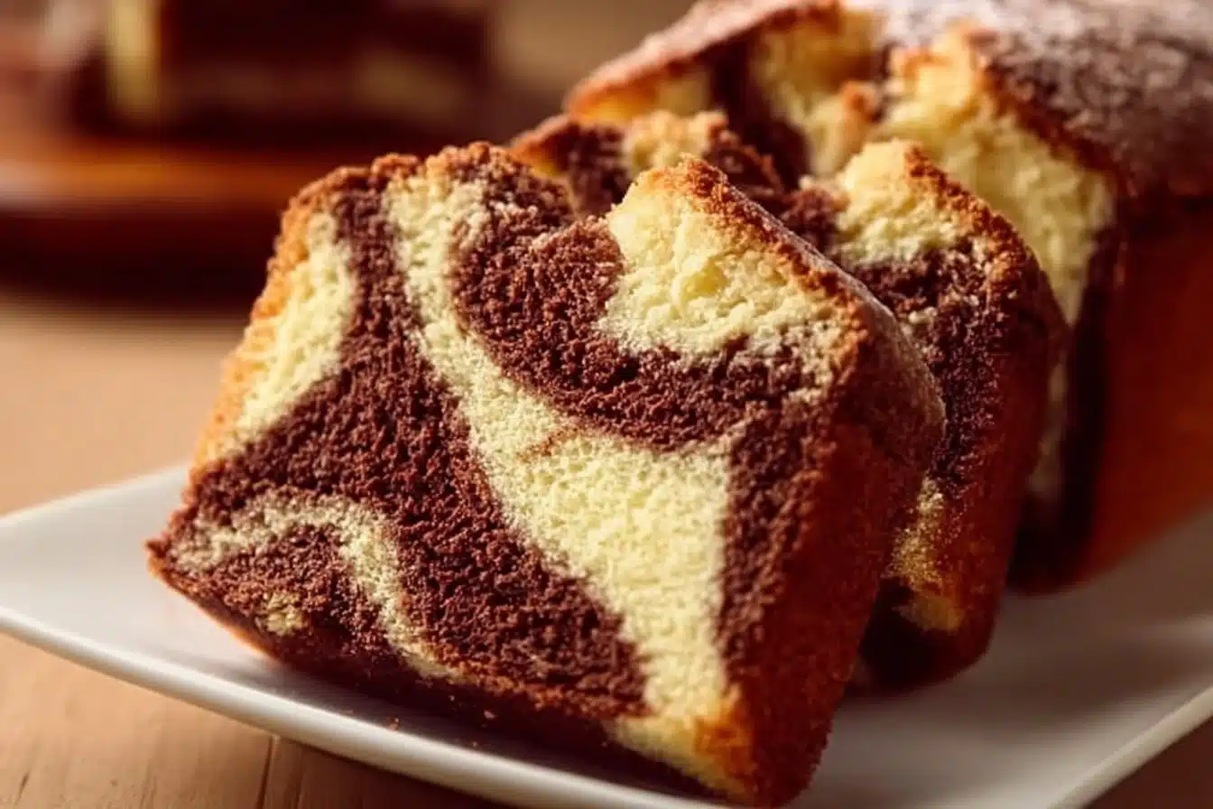Classic Homemade Marble Cake with chocolate and vanilla swirls