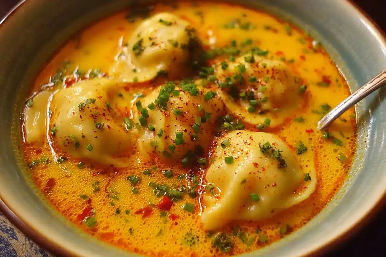 Bowl of coconut curry soup with dumplings, garnished with fresh herbs.