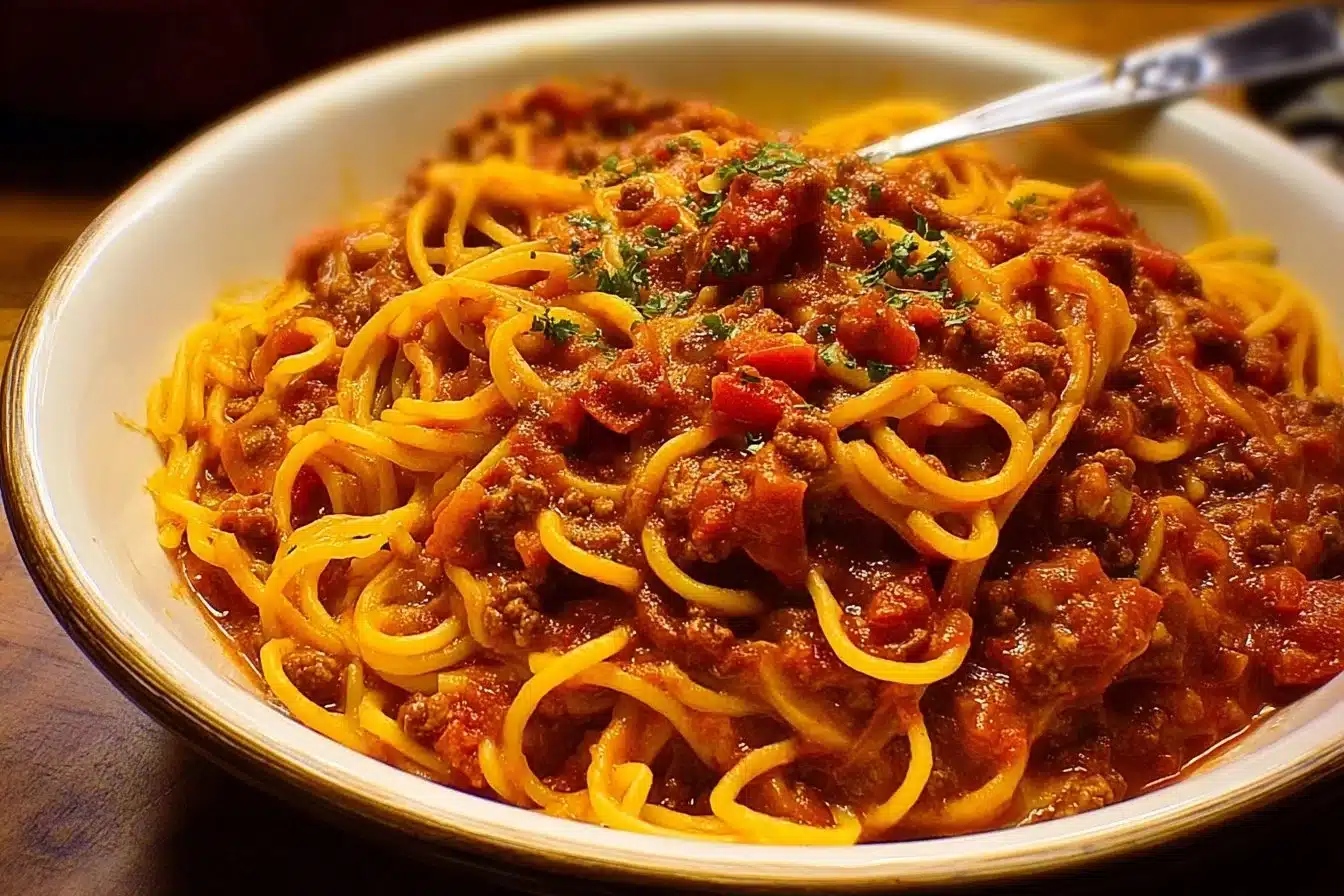 Plate of Cowboy Spaghetti topped with fresh herbs and grated cheese