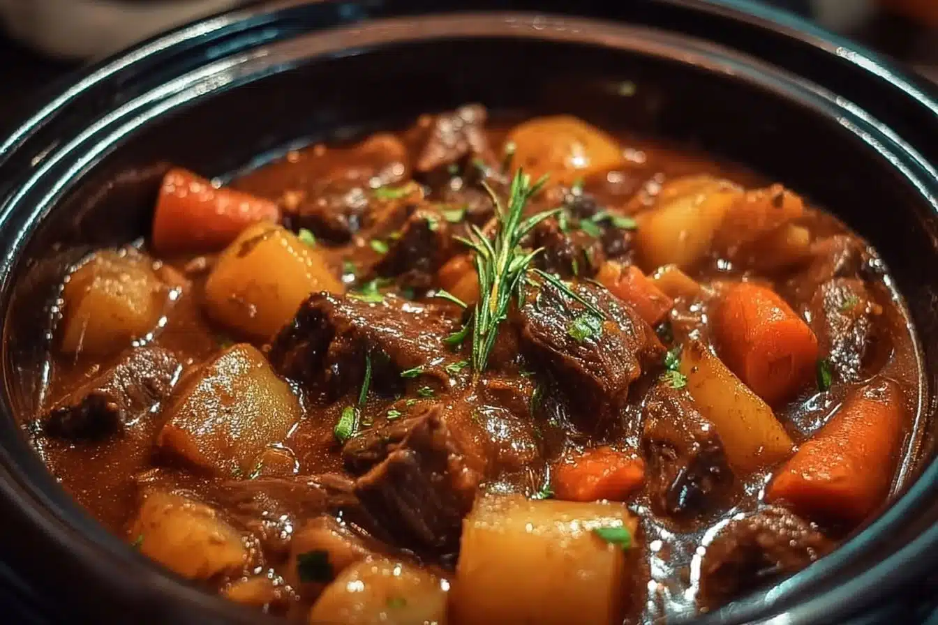 Cozy crockpot beef stew simmering with vegetables and tender meat.