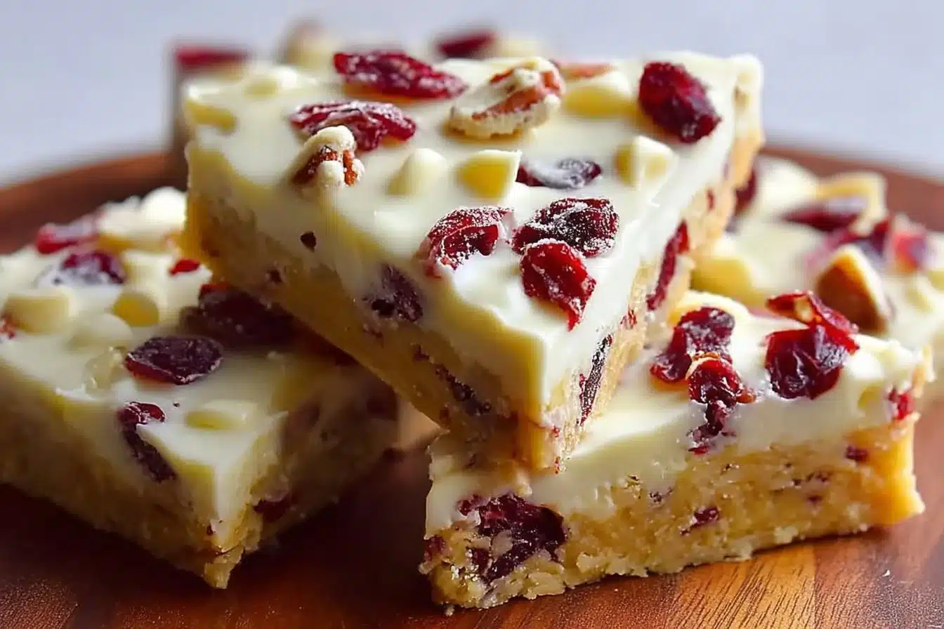 Delicious homemade Cranberry Bliss Bars topped with cream cheese frosting and cranberries