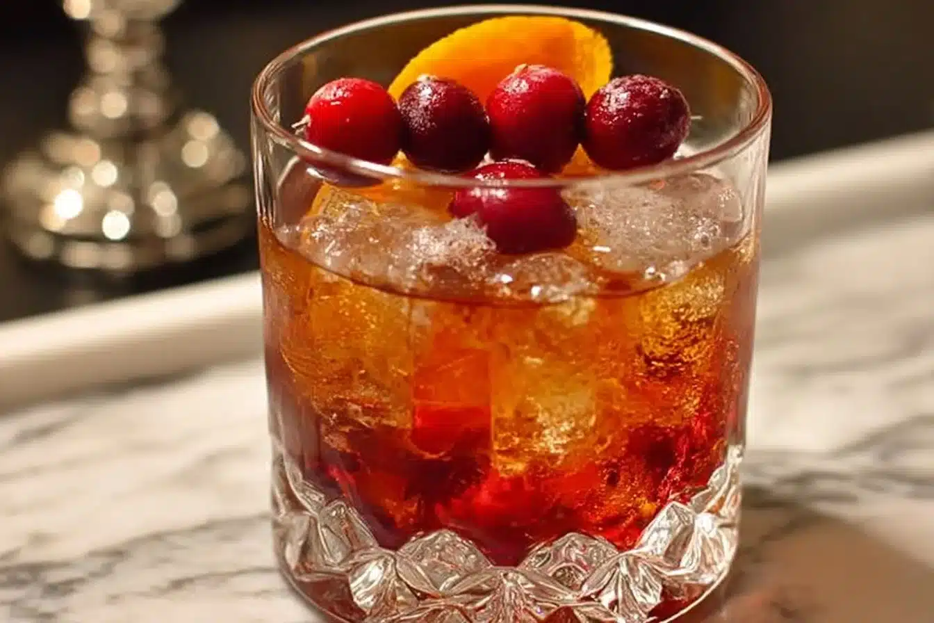 Cranberry Bourbon Old Fashioned cocktail served in a glass with garnishes.