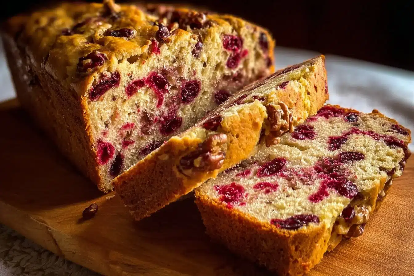 Loaf of fresh Cranberry Walnut Bread with cranberries and walnuts visible
