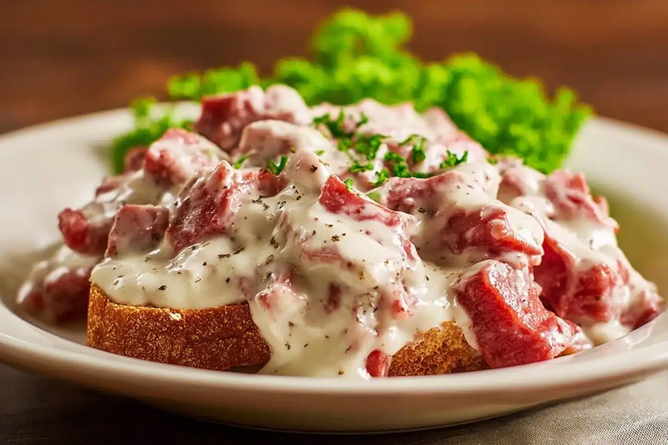Creamed chipped beef served on toast with a creamy sauce and seasonings