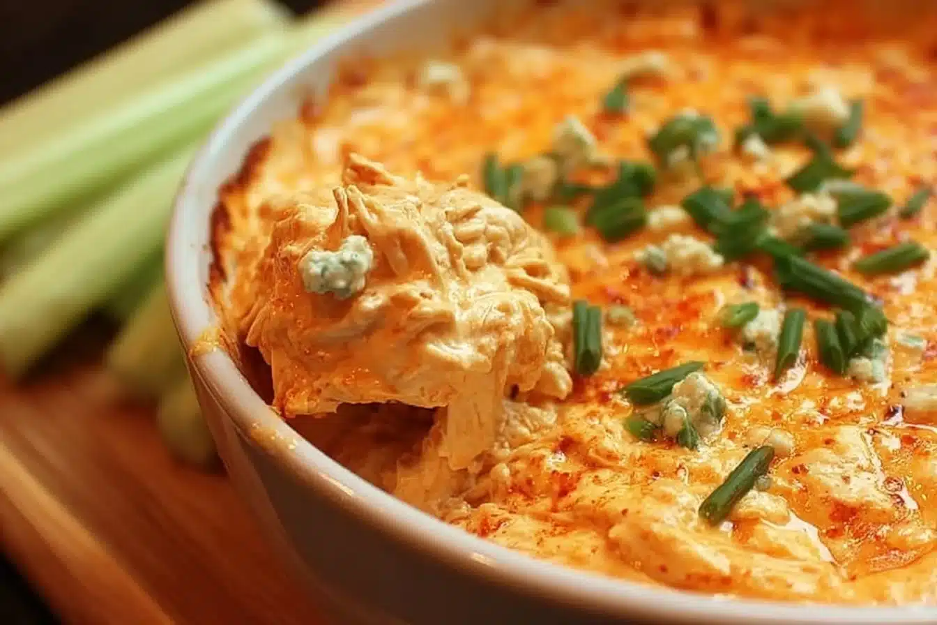 Creamy Buffalo Chicken Dip served in a bowl with tortilla chips.