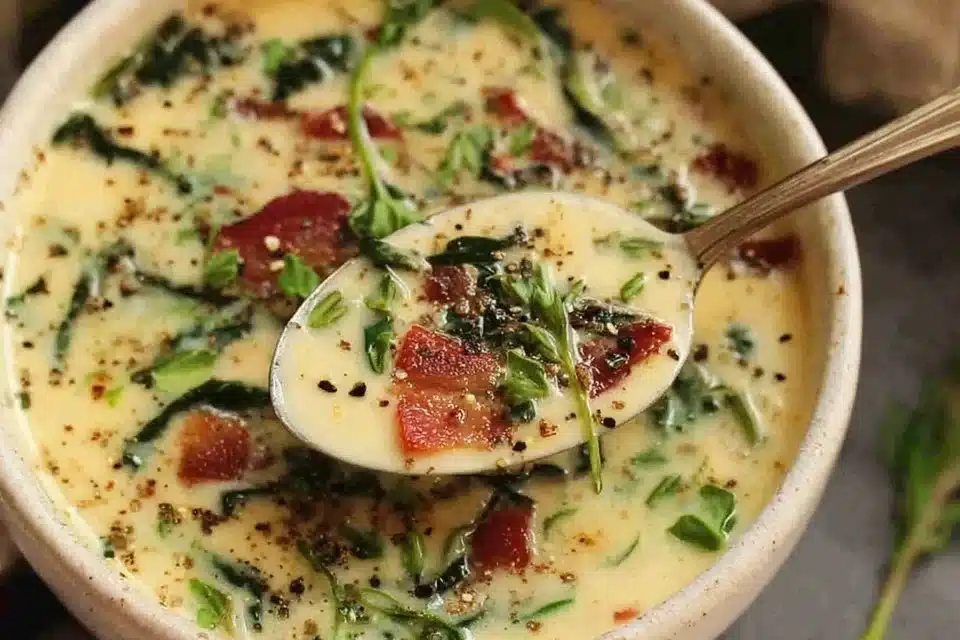 Creamy Irish Colcannon Soup with kale and bacon in a rustic bowl