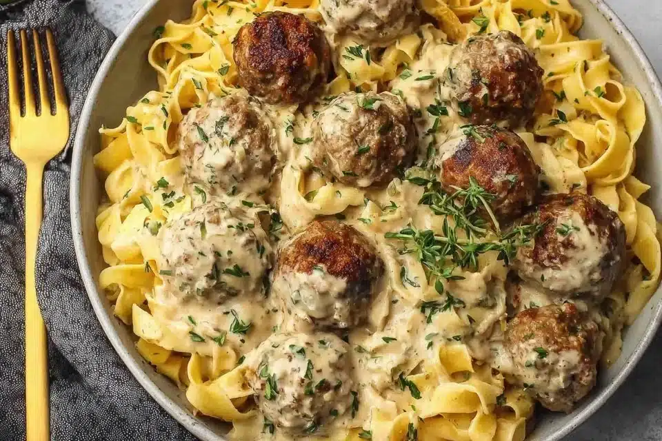 Creamy Swedish meatball soup with egg noodles served in a bowl