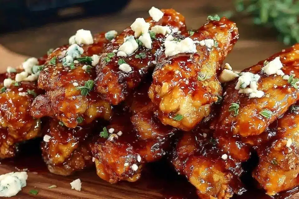 Crispy hot honey feta chicken garnished with herbs on a plate