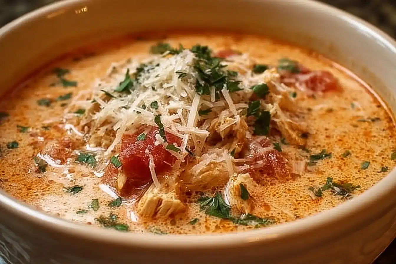 Crock Pot Creamy Chicken Parmesan Soup served in a bowl with herbs and cheese garnish.