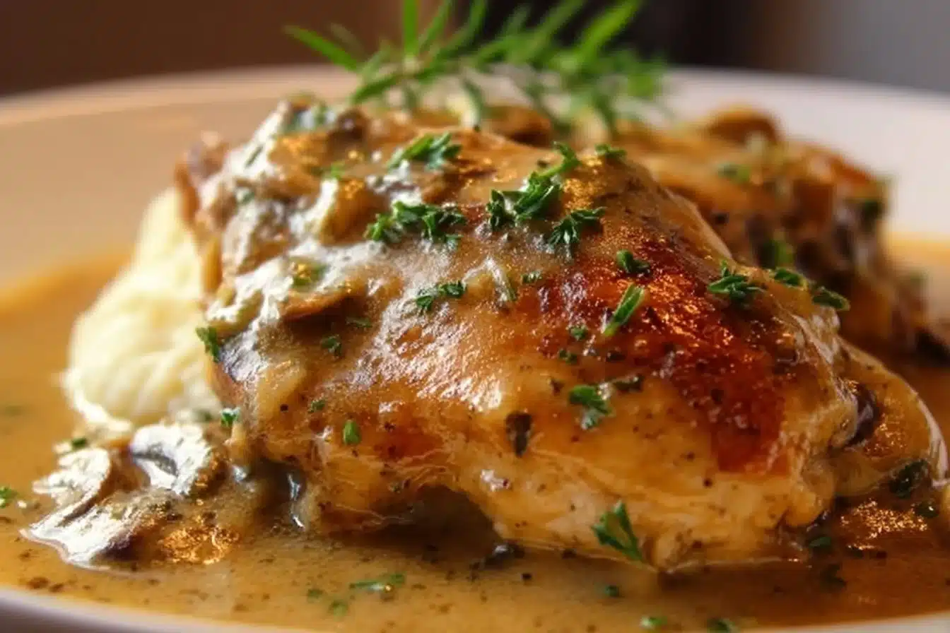 Delicious Crockpot Chicken and Gravy served with mashed potatoes