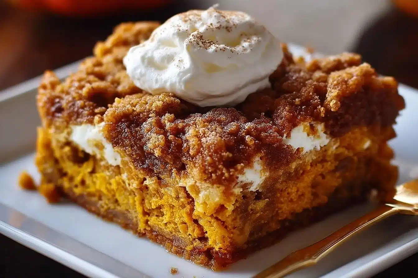 Delicious easy pumpkin dump cake topped with whipped cream