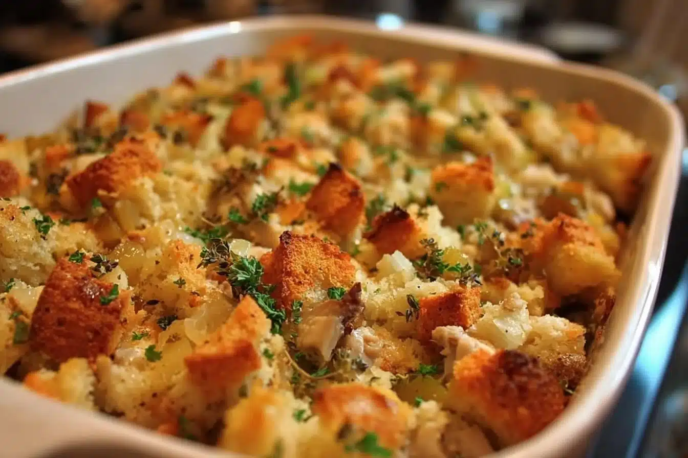 Dolly's Comforting Chicken & Stuffing Casserole served in a baking dish