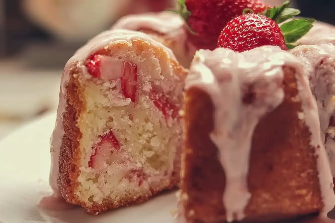 Slice of dreamy strawberry milkshake pound cake on a plate with fresh strawberries