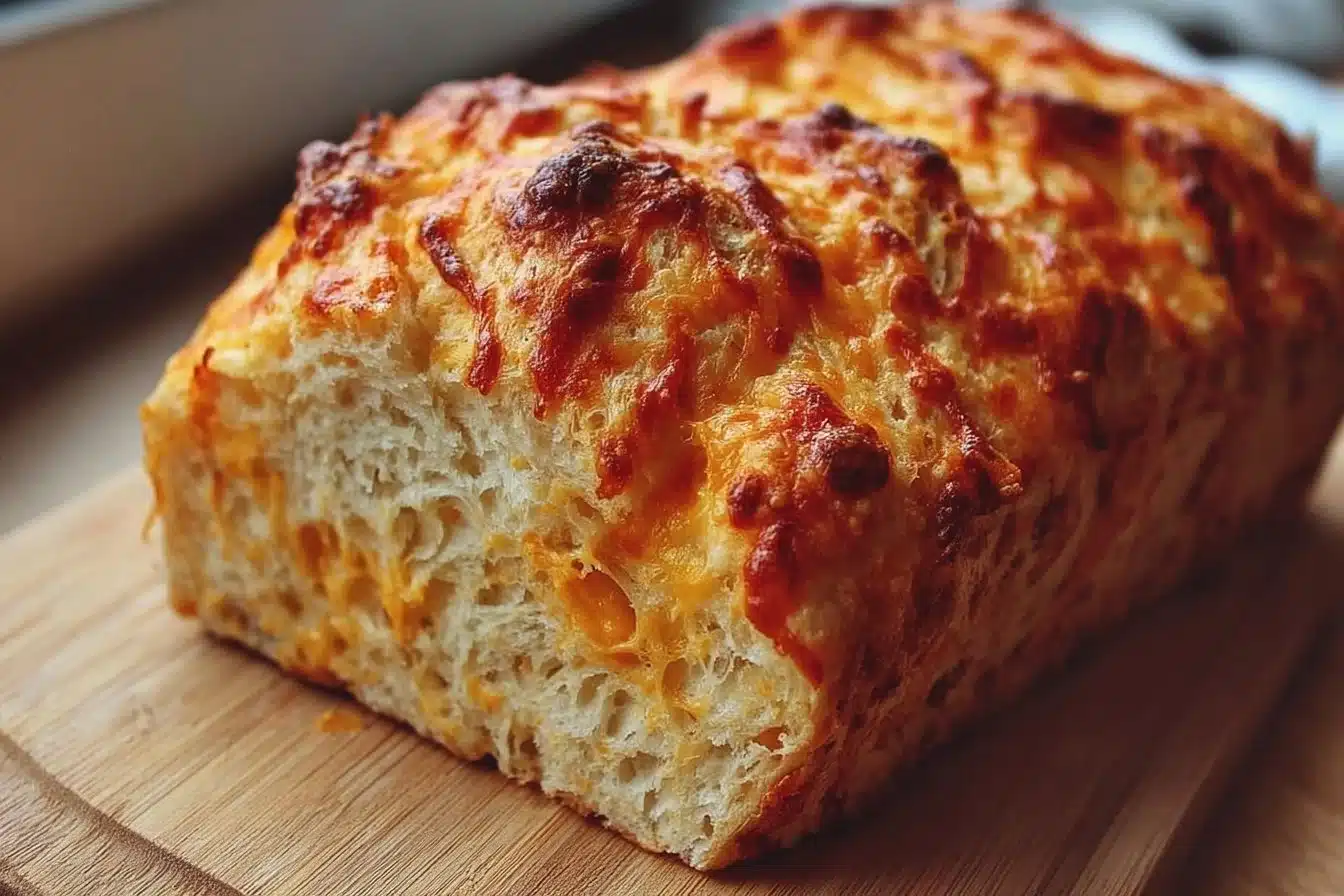 Freshly baked cheesy loaf with melted cheese on top, served on a wooden board.