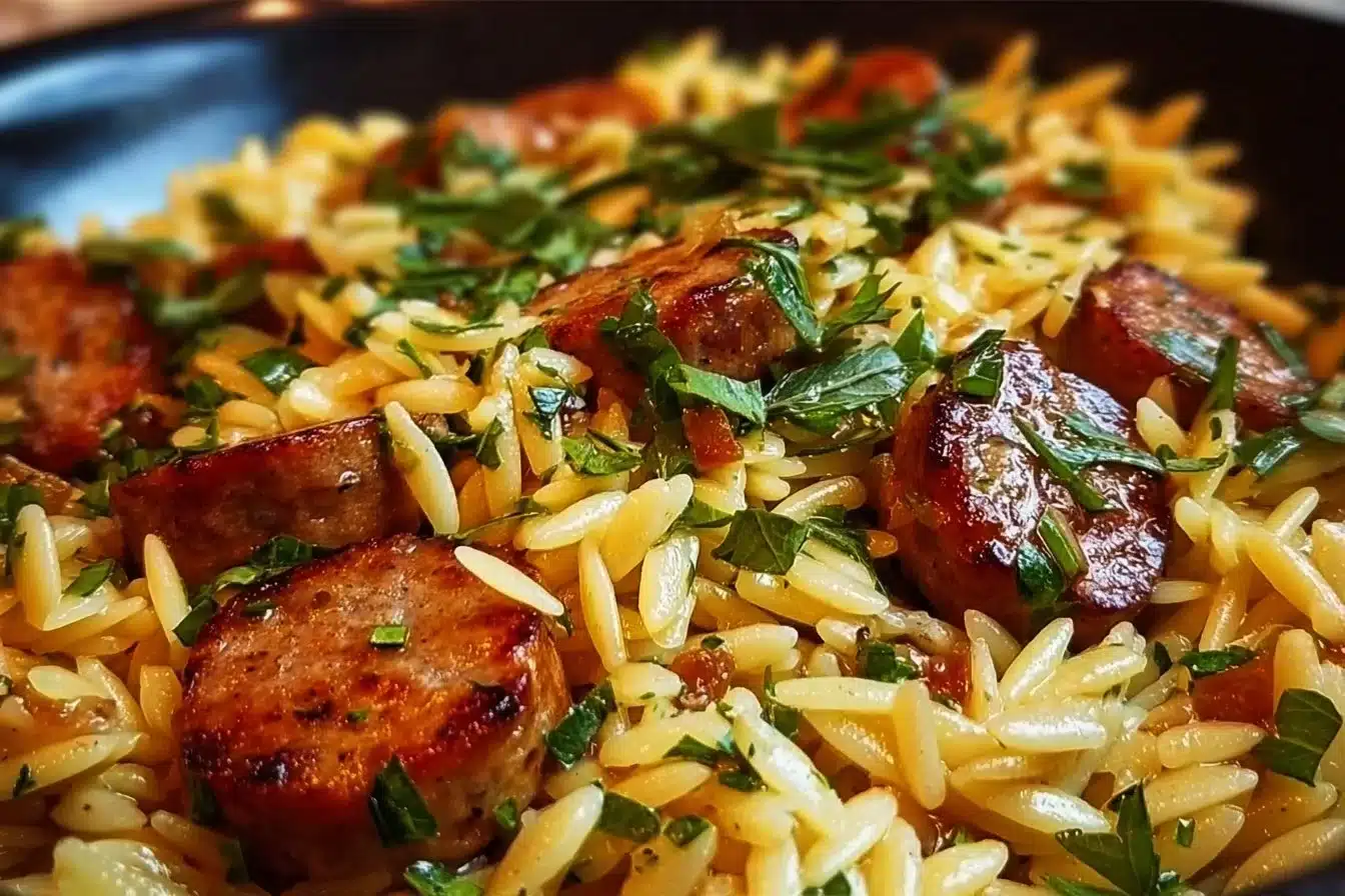 One pot garlic butter beef sausage orzo dish served on a plate