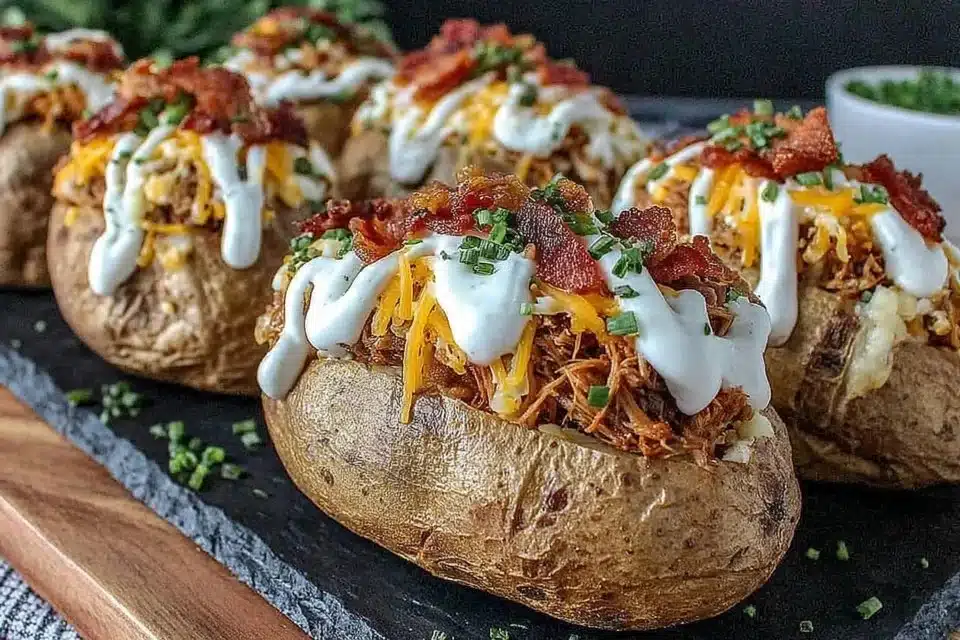Delicious beef stuffed potatoes topped with bacon and ranch dressing.