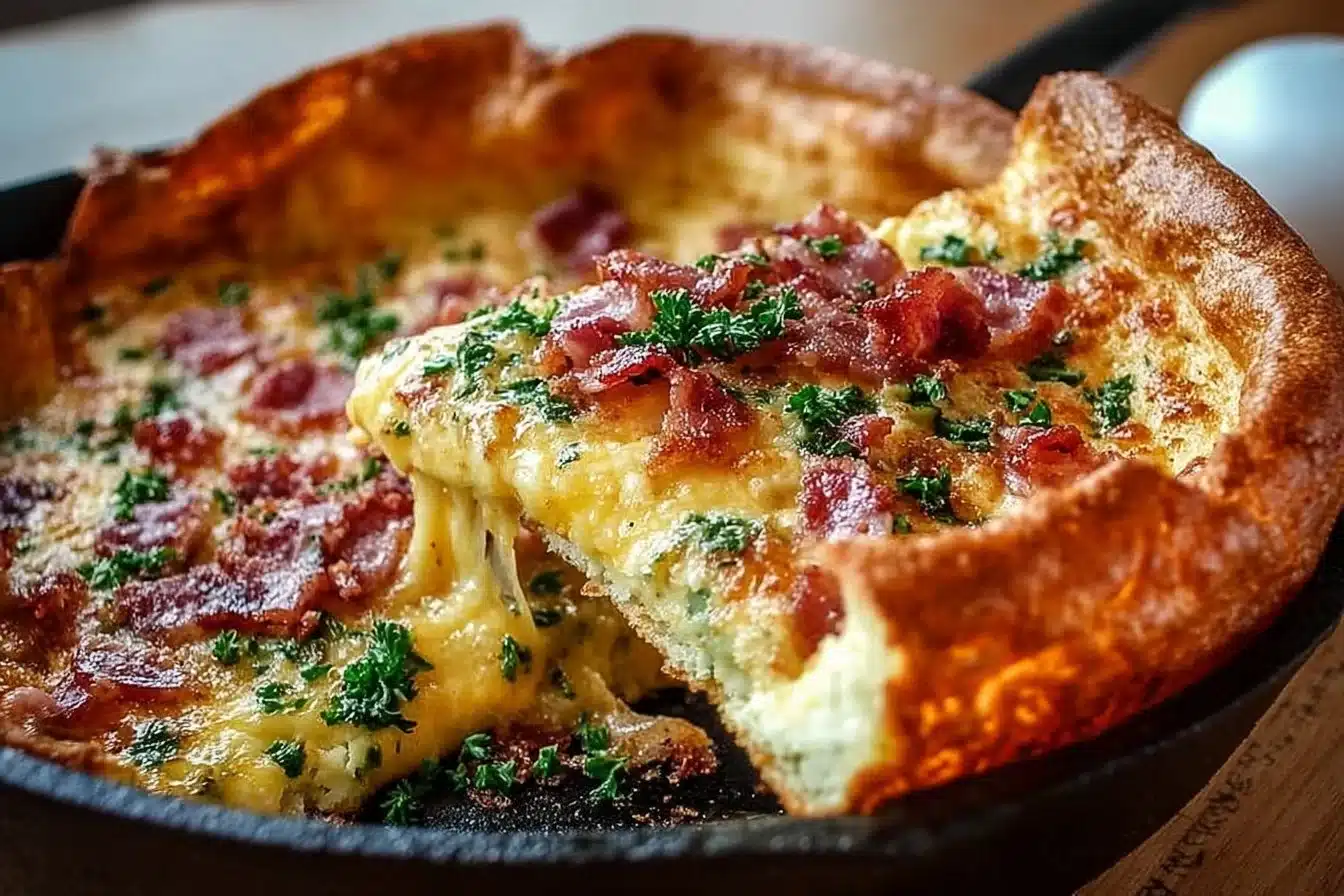 Delicious Cheddar Beef Bacon Dutch Baby served on a plate with toppings